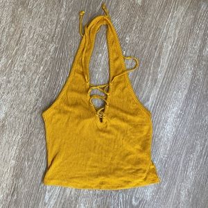 Mustard Lace Up Halter Neck Crop Top
